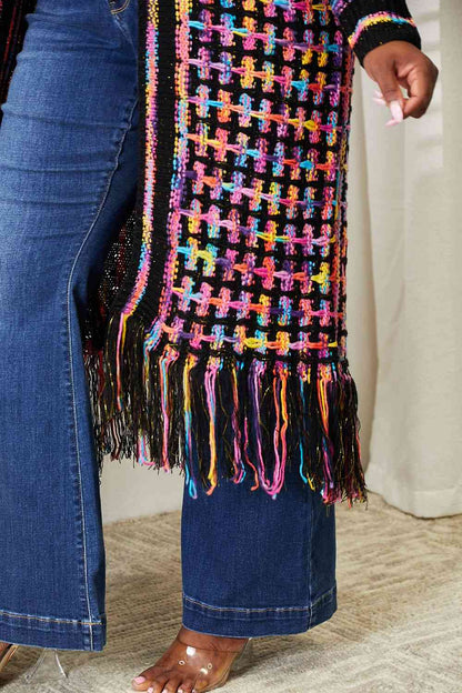 Plus Size Multicolored Open Front Fringe Hem Cardigan