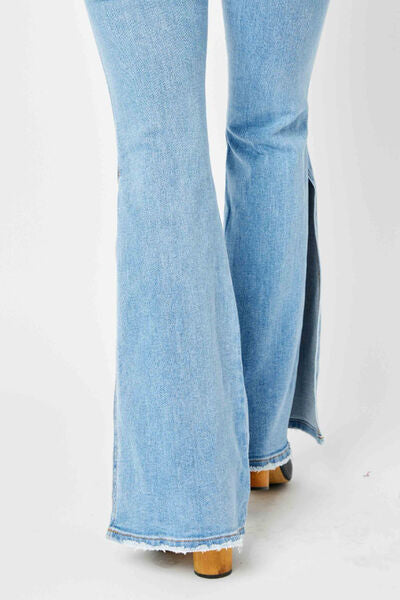 Judy Blue Plus Size Mid Rise Raw Hem Slit Flare Jeans