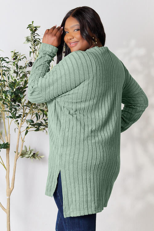 Plus Size Ribbed Round Neck Long Sleeve Slit Top