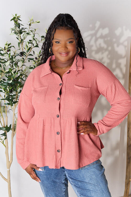 Plus Size Waffle-Knit Button Down Blouse