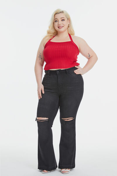 Plus Size High Waist Distressed Raw Hem Flare Jeans