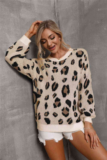 Animal Print Dropped Shoulder Knit Pullover