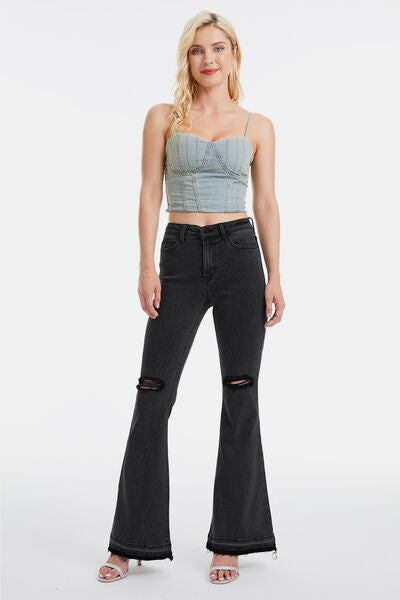 Plus Size High Waist Distressed Raw Hem Flare Jeans