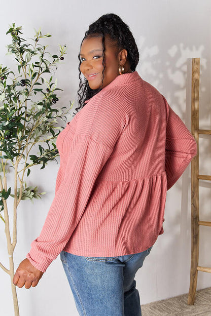 Plus Size Waffle-Knit Button Down Blouse