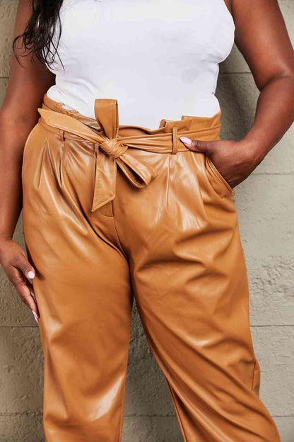 Plus Size Faux Leather Paperbag Waist Pants