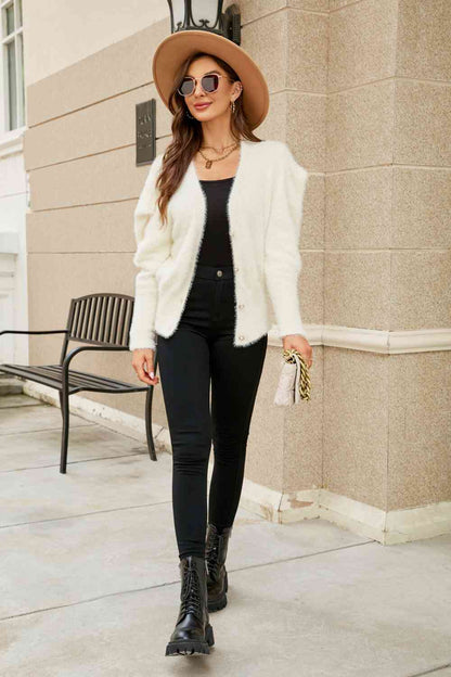 Puff Sleeve V-Neck Fuzzy Cardigan