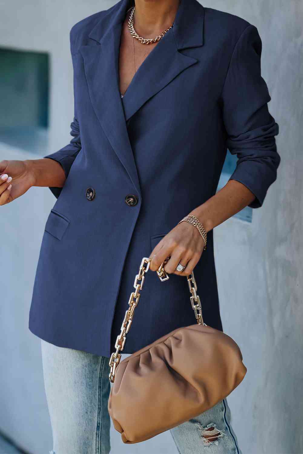 Double-Breasted Padded Shoulder Blazer with Pockets