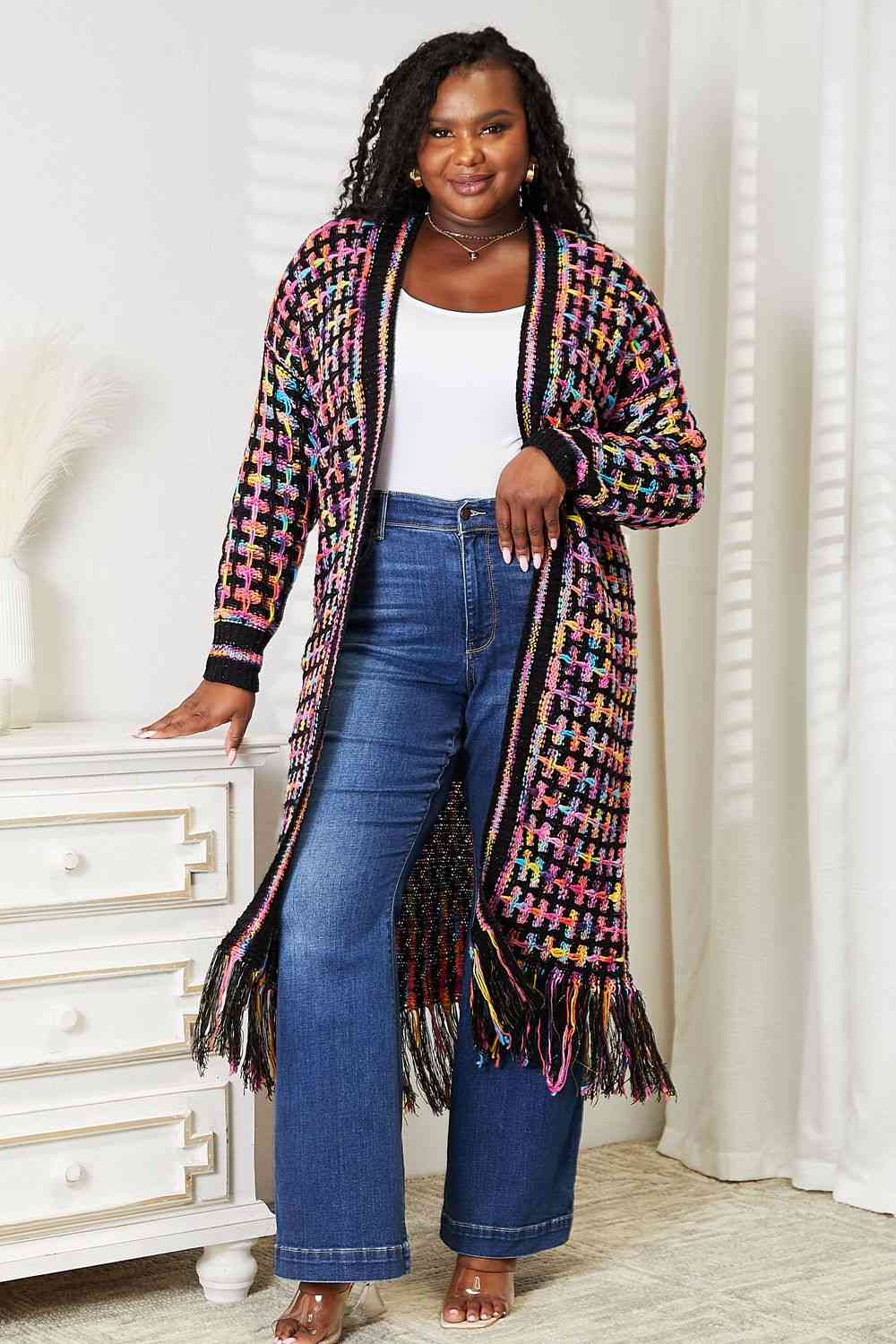 Plus Size Multicolored Open Front Fringe Hem Cardigan