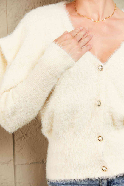 Puff Sleeve V-Neck Fuzzy Cardigan