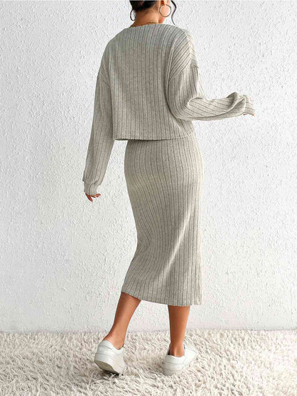 Ribbed Spaghetti Strap Slit Dress & Cardigan Set