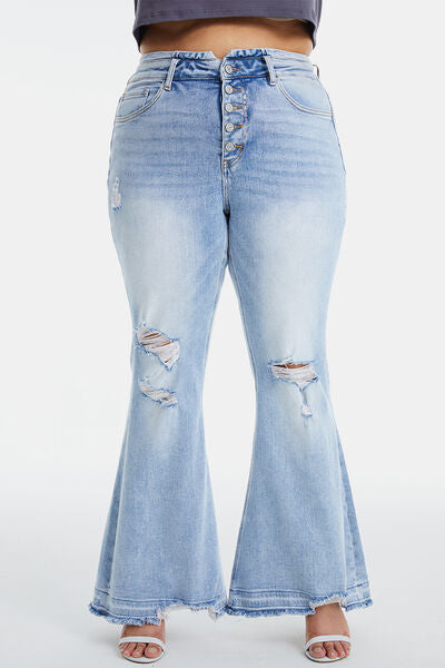 Plus Size Distressed Raw Hem High Waist Flare Jeans