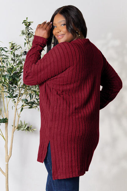 Plus Size Ribbed Round Neck Long Sleeve Slit Top