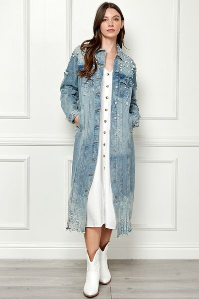 Plus Size Distressed Raw Hem Pearl Detail Button Up Jacket