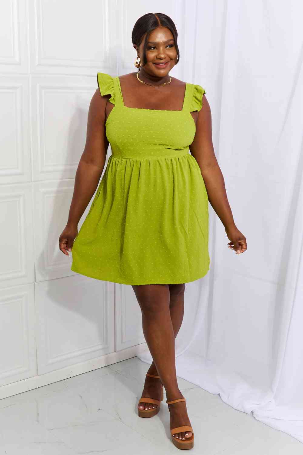 Plus Size Empire Line Ruffle Sleeve Dress in Lime