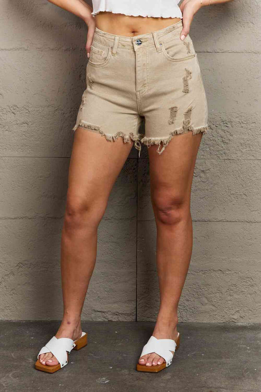 Plus Size High Waisted Distressed Shorts in Sand