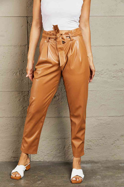 Plus Size Faux Leather Paperbag Waist Pants