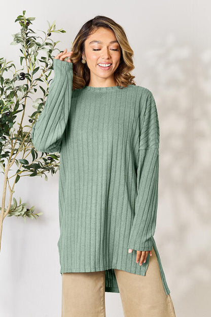 Plus Size Ribbed Round Neck Long Sleeve Slit Top