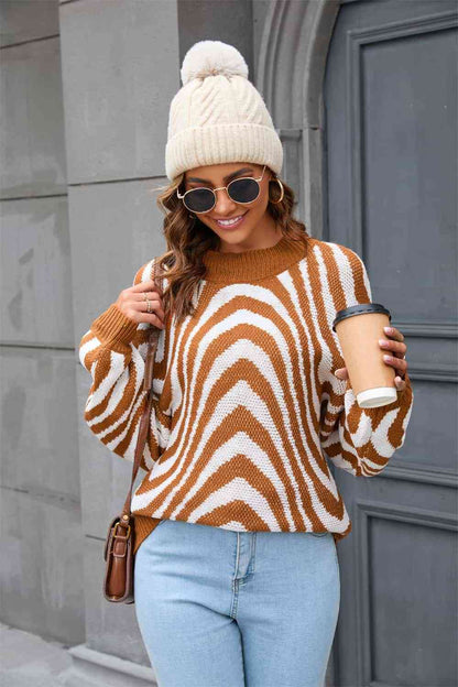 Printed Round Neck Long Sleeve Pullover Sweater