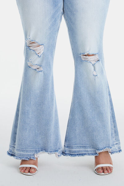 Plus Size Distressed Raw Hem High Waist Flare Jeans