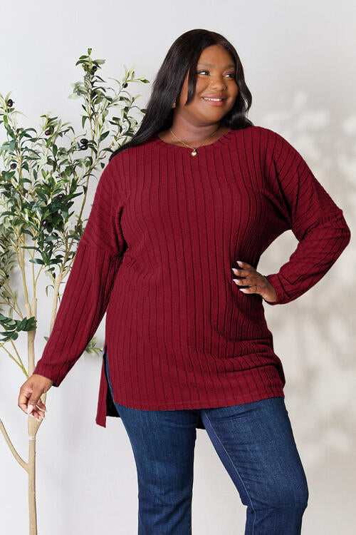 Plus Size Ribbed Round Neck Long Sleeve Slit Top