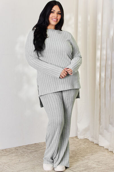 Plus Size Ribbed High-Low Top and Wide Leg Pants Set