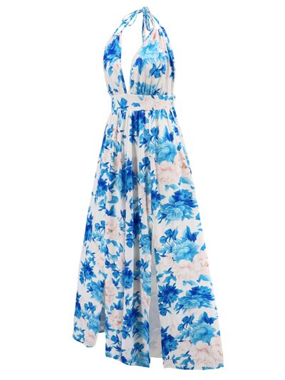 Slit Backless Printed Halter Neck Dress