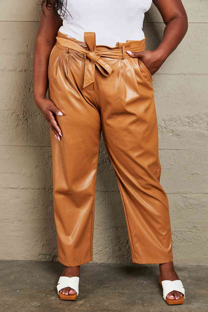 Plus Size Faux Leather Paperbag Waist Pants