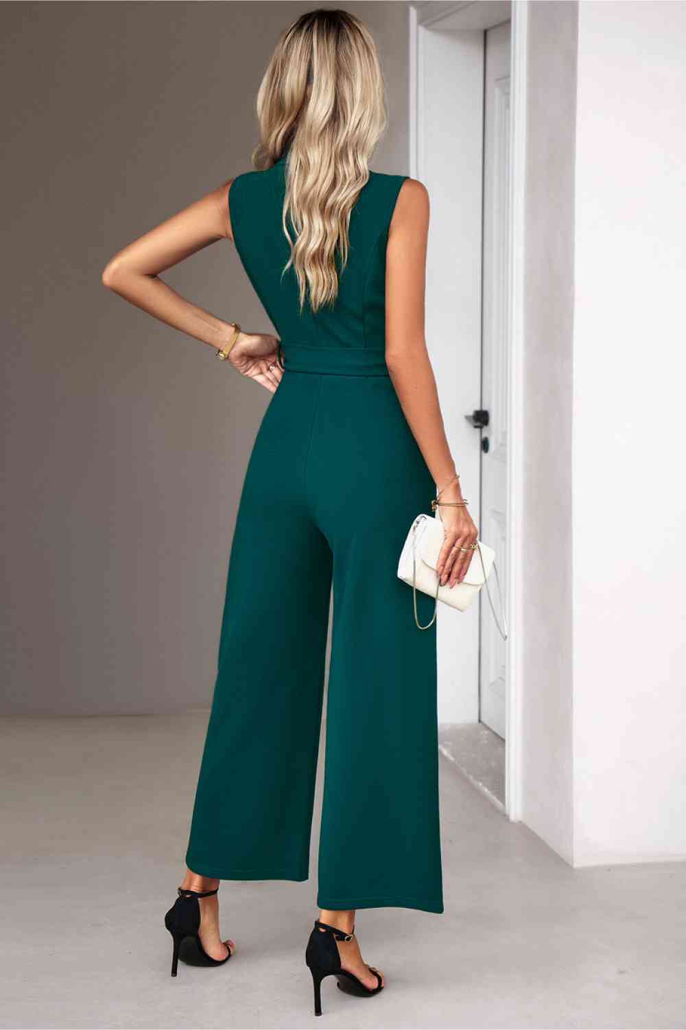 Tie Waist Shawl Collar Sleeveless Jumpsuit