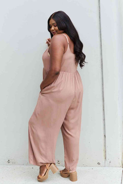 Plus Size Wide Leg Button Down Jumpsuit in Mocha