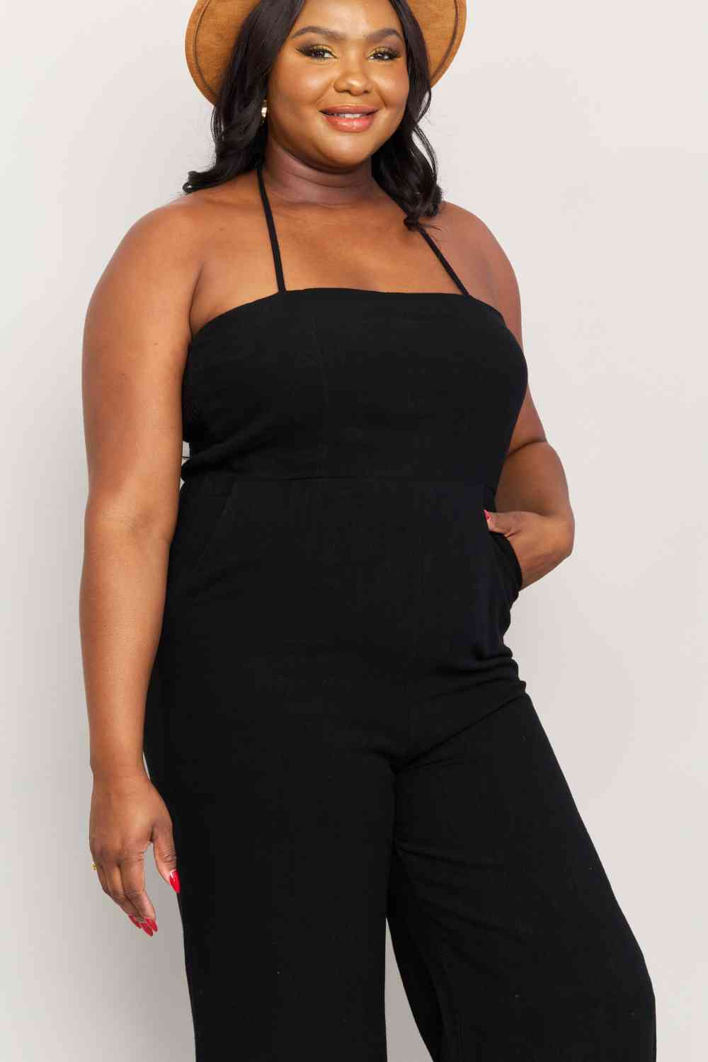 Plus Size Halter Neck Wide Leg Jumpsuit with Pockets