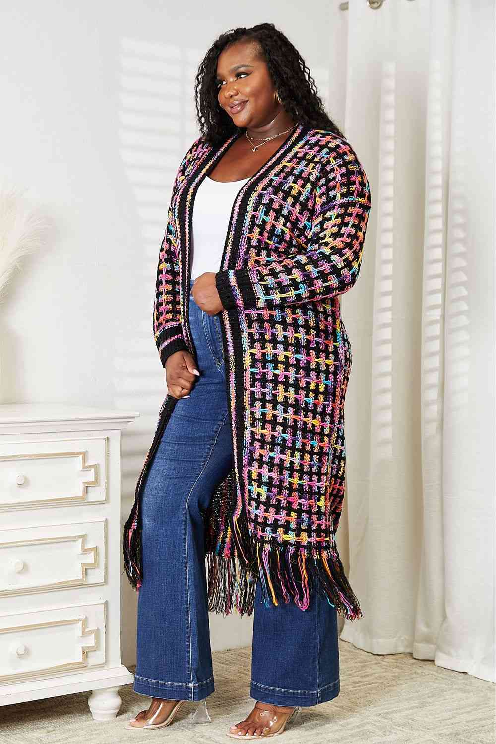 Plus Size Multicolored Open Front Fringe Hem Cardigan