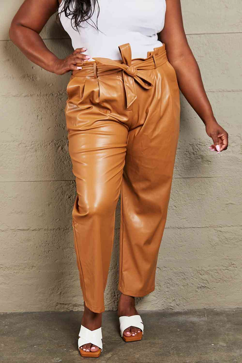 Plus Size Faux Leather Paperbag Waist Pants