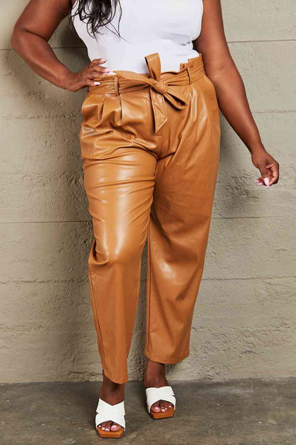 Plus Size Faux Leather Paperbag Waist Pants