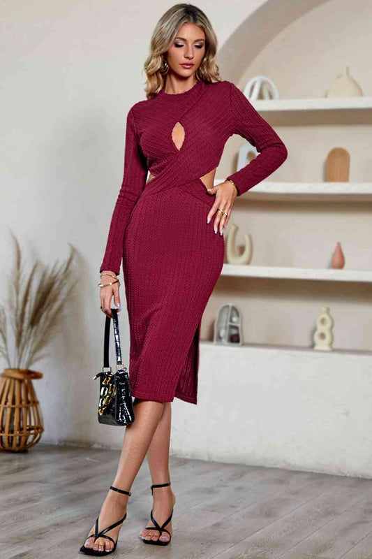 Cutout Crisscross Round Neck Long Sleeve Dress