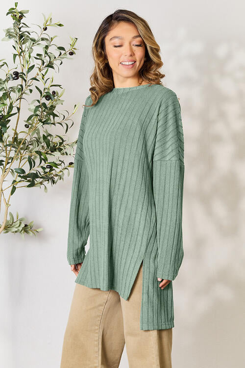 Plus Size Ribbed Round Neck Long Sleeve Slit Top