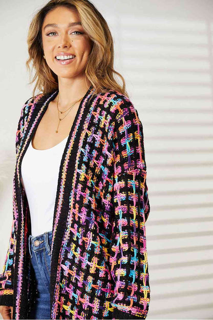 Plus Size Multicolored Open Front Fringe Hem Cardigan