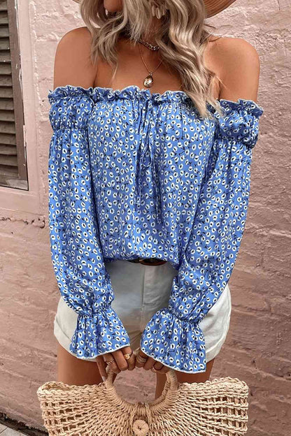 Off Shoulder Printed Frill Trim Blouse