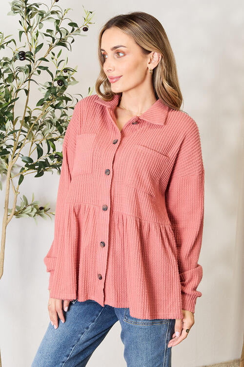 Plus Size Waffle-Knit Button Down Blouse