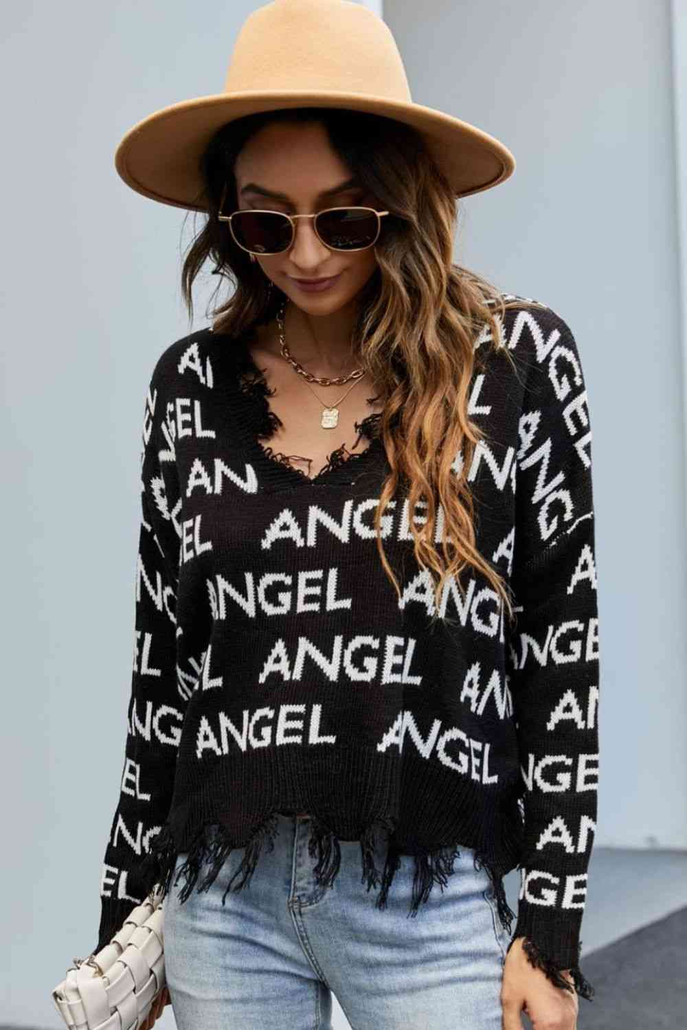 Distressed V-Neck Dropped Shoulder Sweater