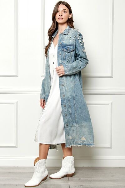 Plus Size Distressed Raw Hem Pearl Detail Button Up Jacket