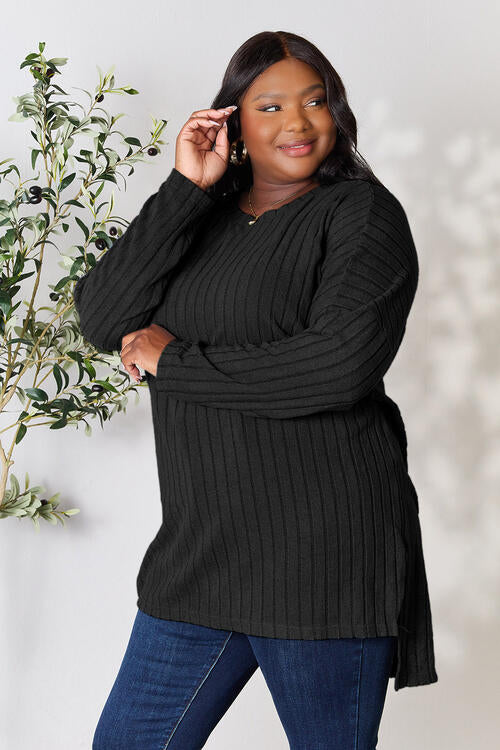 Plus Size Ribbed Round Neck Long Sleeve Slit Top