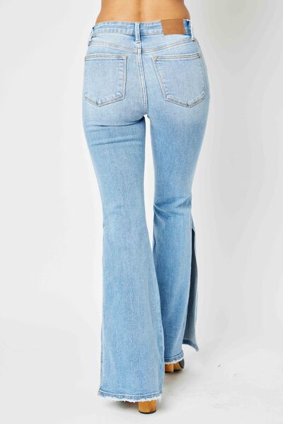 Judy Blue Plus Size Mid Rise Raw Hem Slit Flare Jeans